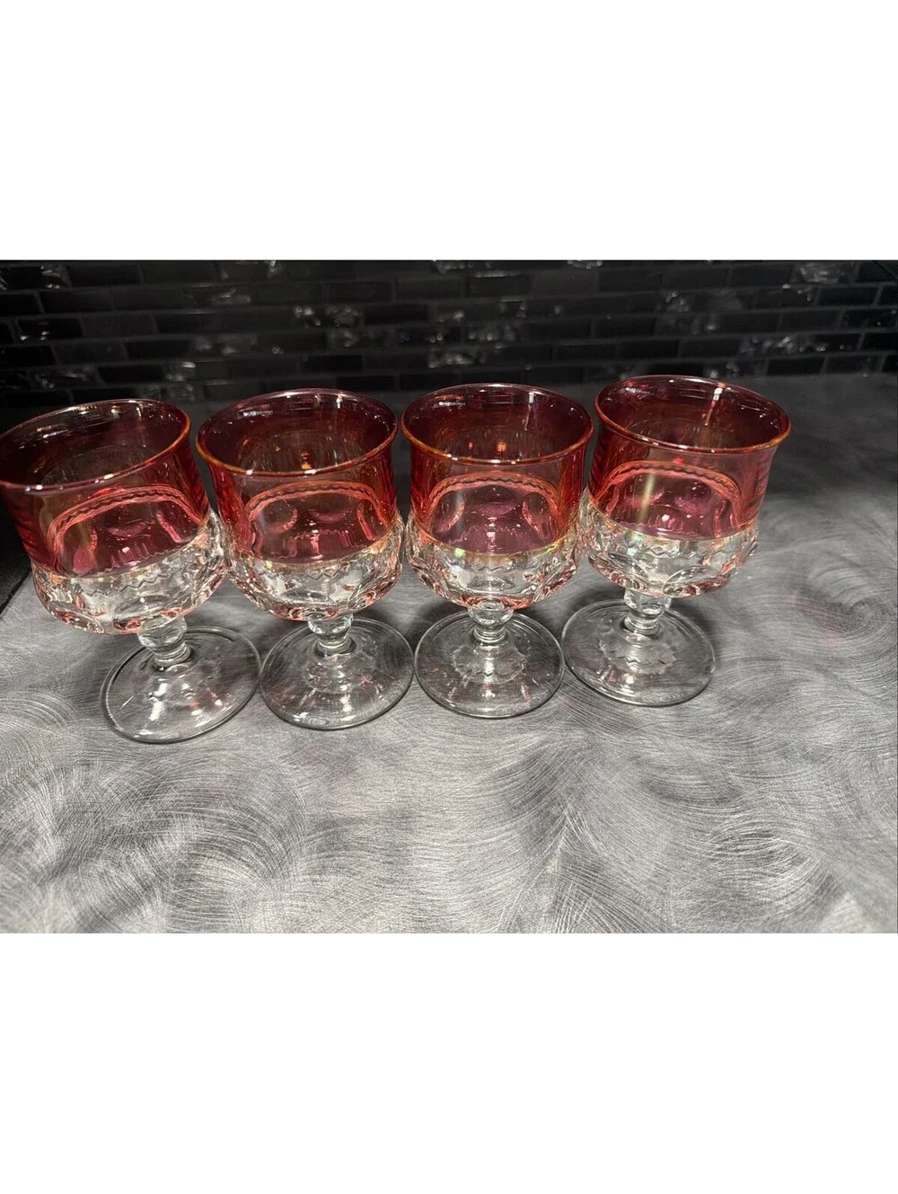 Set Of 4 Vintage Indiana Glass Kings Crown Ruby Red Rim Goblets Cordials